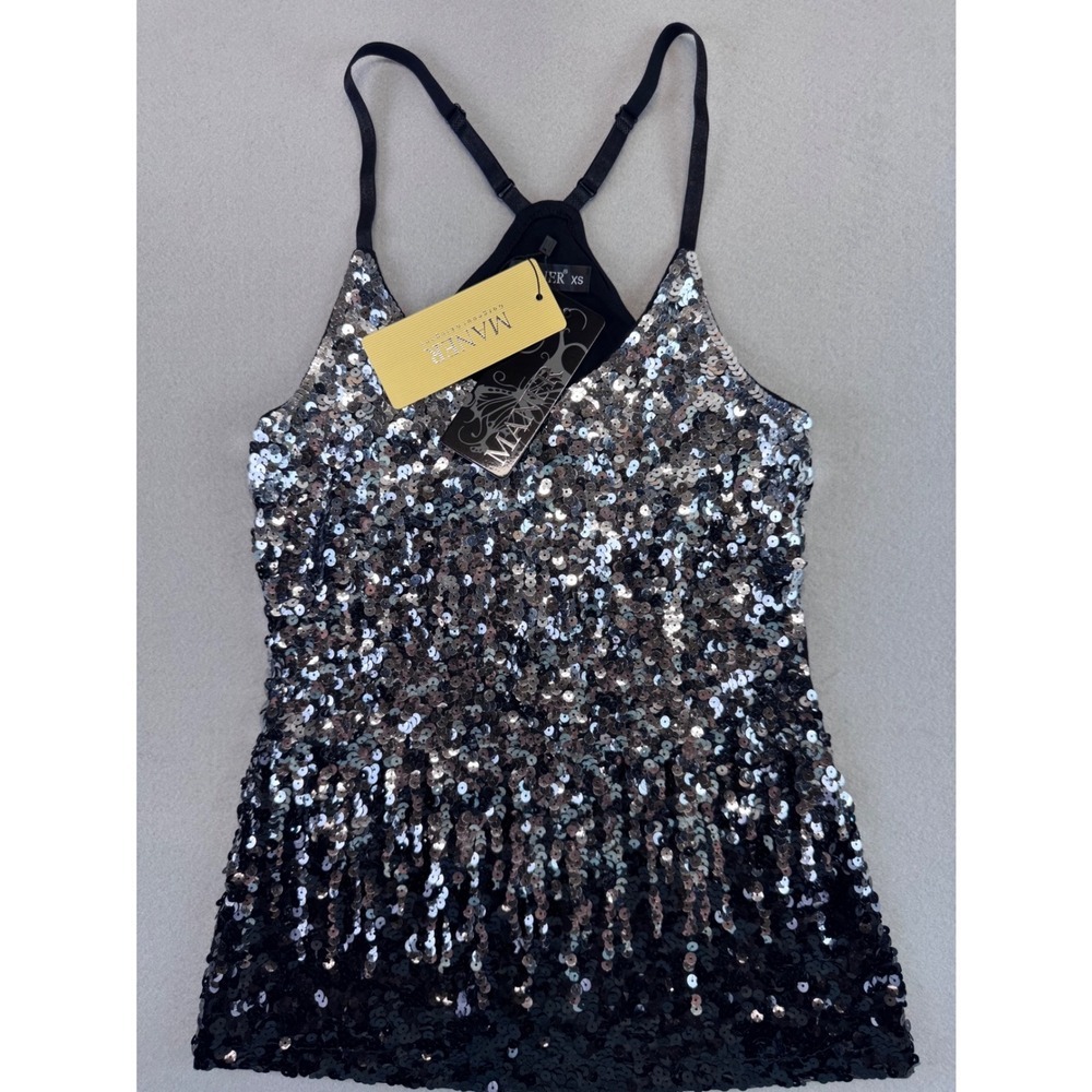 Maner‎ Womens Silver Black Ombre Sequin Cami Racerback Tank Top MA669 XS New